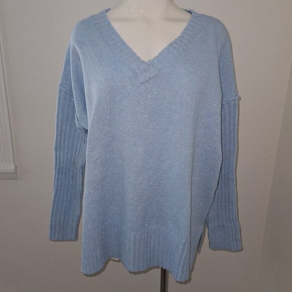 NEW Dip Pullover Knit Sweater V-neck Ribbed Size Medium OVERSIZED Blue Silver - Picture 1 of 12